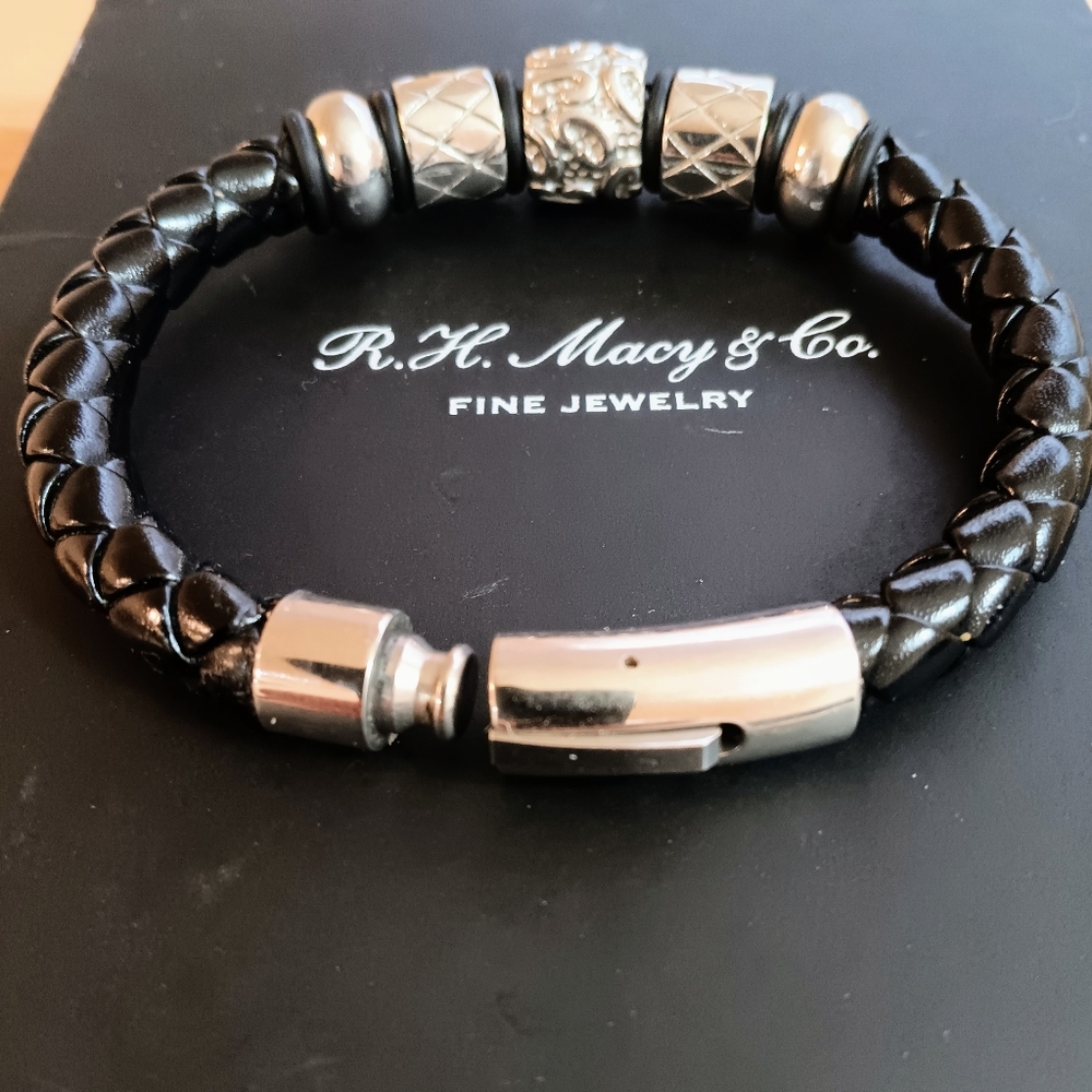MACYS, Stainless Steel Beaded Leather Braclet